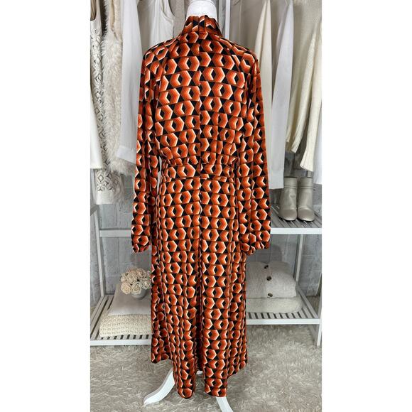 Worthington Women's Sz XS Orange Geometric Print Tie Neck Satin Midi Dress #0561 - Picture 6 of 13